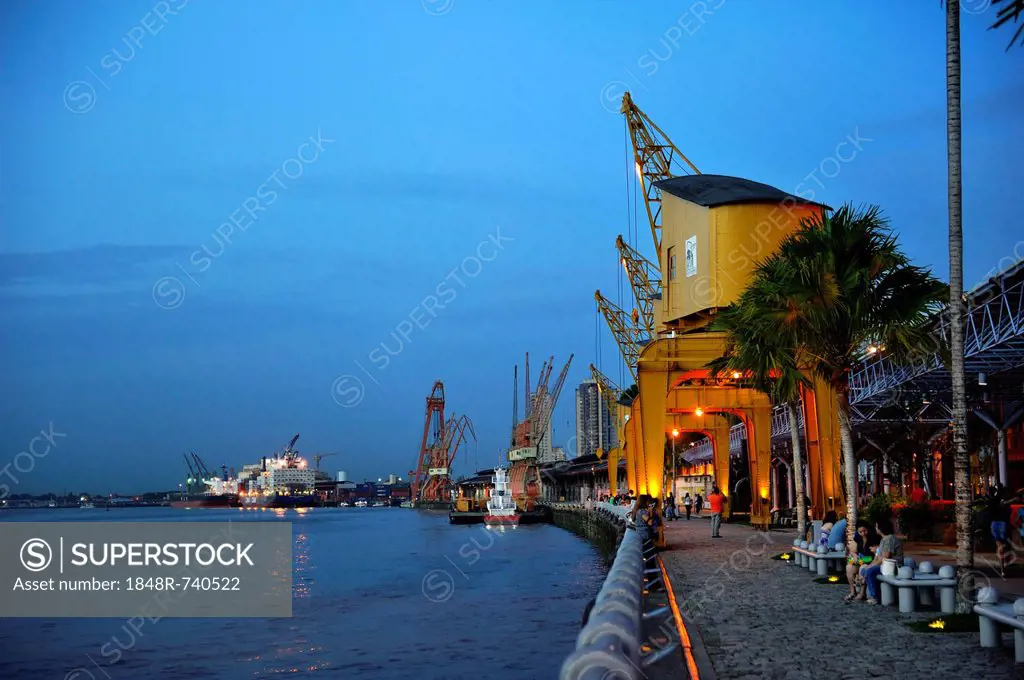 Historic loading cranes, renovated port facility of Estaçío das Docas with the promenade, restaurants and shops, Belem, Para, Brazil, South America