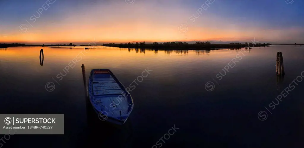 Fishing boat at sunset in the lagoons of Cavallino, Venice, Italy, Europe