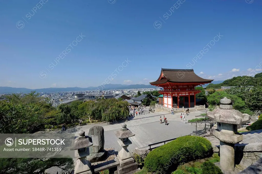 View of Kyoto as seen from the Kiyomizu-dera Temple, the gatehouse and stone lanterns in the foreground, Japan, East Asia, Asia
