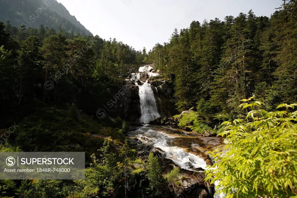 Waterfall, landscape in the Pyrenees, French Pyrenees, national park near Argeles-Gazost, Midi-Pyrenees region, Hautes-Pyrenees département, France, E...