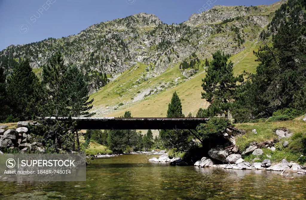 Bridge across a mountain torrent, landscape in the French Pyrenees, national park near Argeles-Gazost, Midi-Pyrenees region, Hautes-Pyrenees departeme...