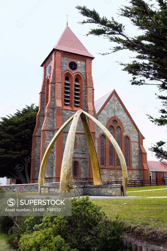 Christ Church Cathedral and a whale bone arch, Port Stanley, capital of the Falkland Islands, Malvinas Islands, British Overseas Territory, South Amer...
