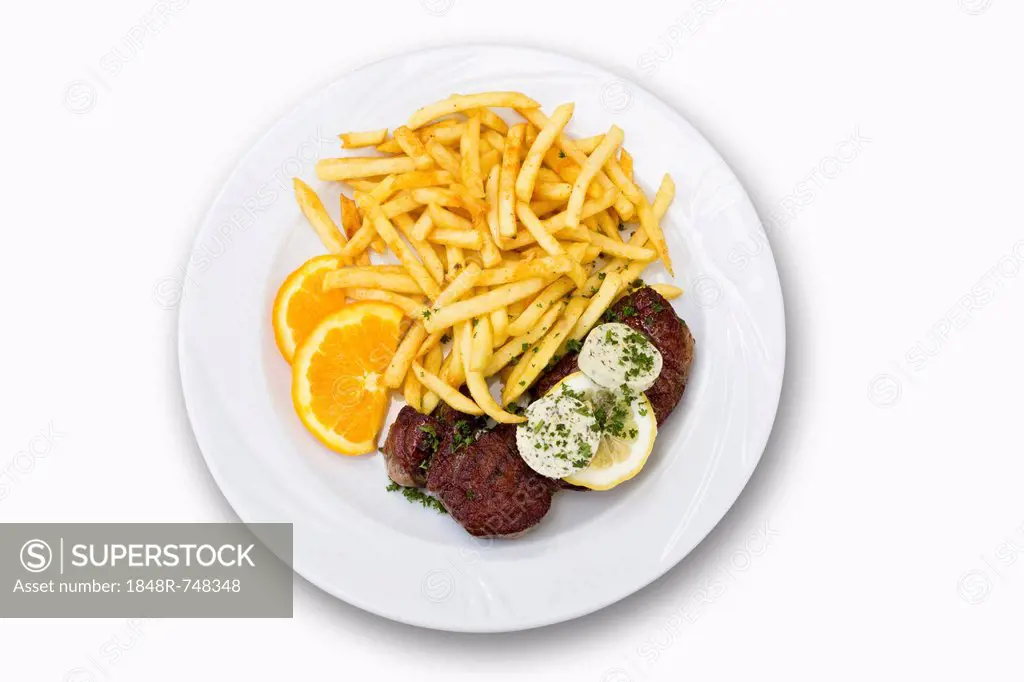 Rump steak with herbed butter and french fries