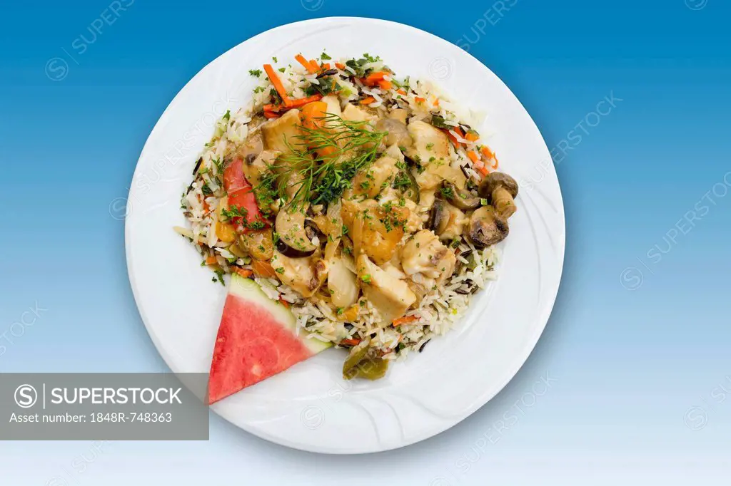 Fish stew with vegetables on rice