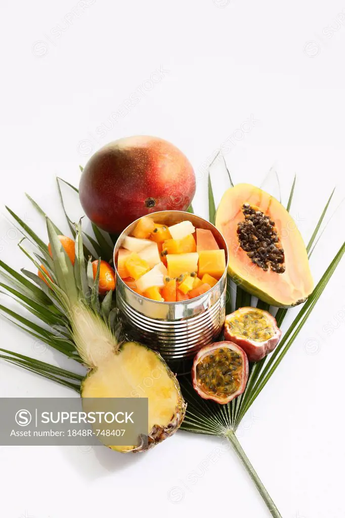 Tin can with tropical fruits on a palm frond, pineapple, papaya, mango, passion fruit