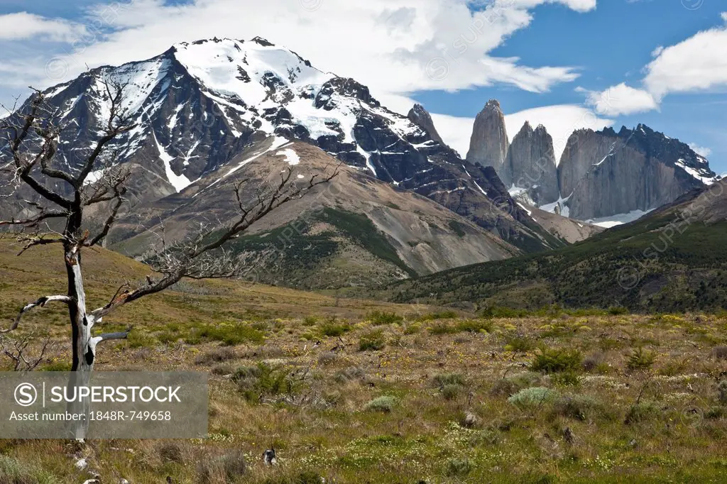View of the steep peaks of the Torres del Paine granite mountains, Torres del Paine National Park, Magallanes Region, Patagonia, Chile, South America,...