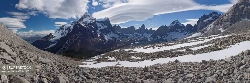 Panoramic view of the valley of the Cordillera del Paine mountains, French Valley, Torres del Paine National Park, Magallanes Region, Patagonia, Chile...