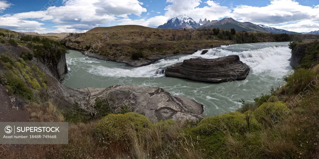 Panoramic view of a waterfall of the glacial river Rio Paine, Torres del Paine National Park, Lake Pehoe, Magallanes Region, Patagonia, Chile, South A...