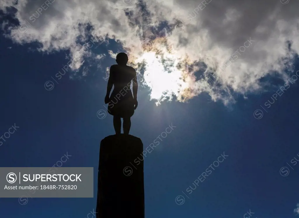 Wooden figure silhouetted on a pedestal, Berlin, Germany, Europe