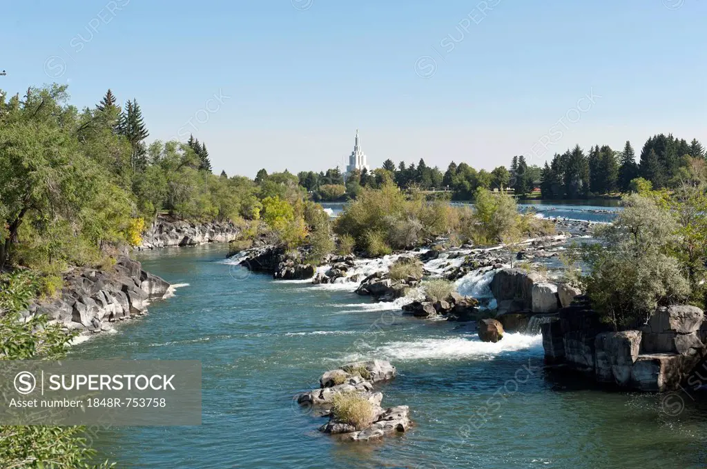 City beside a river, waterfall, Snake River, Idaho Falls, Idaho, Western United States, United States of America, North America