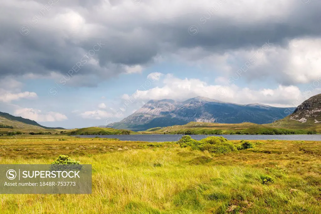 View over moorland to Loch nan Elachan and Ben Arkle, 787m, Sutherland, Scotland, United Kingdom, Europe