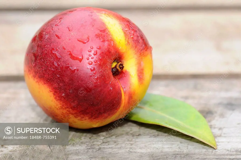 Nectarine with water drops on wood