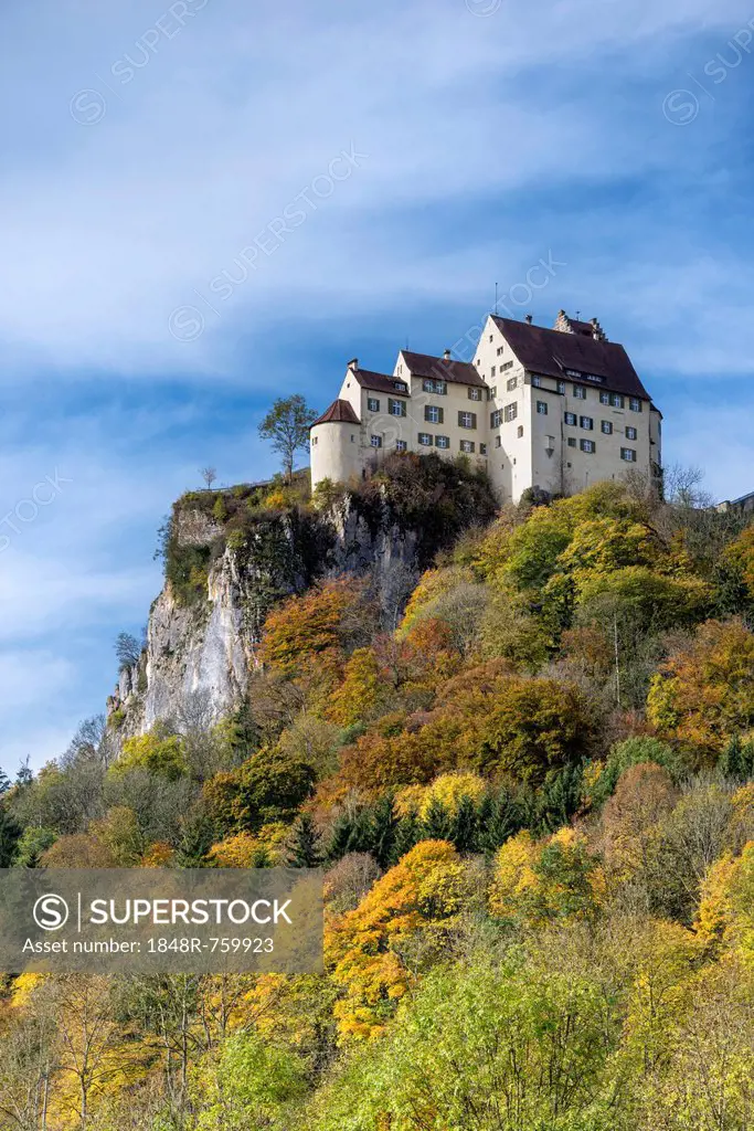 Schloss Werenwag Castle on a rocky cliff in the Upper Danube Valley, Baden-Wuerttemberg, Germany, Europe
