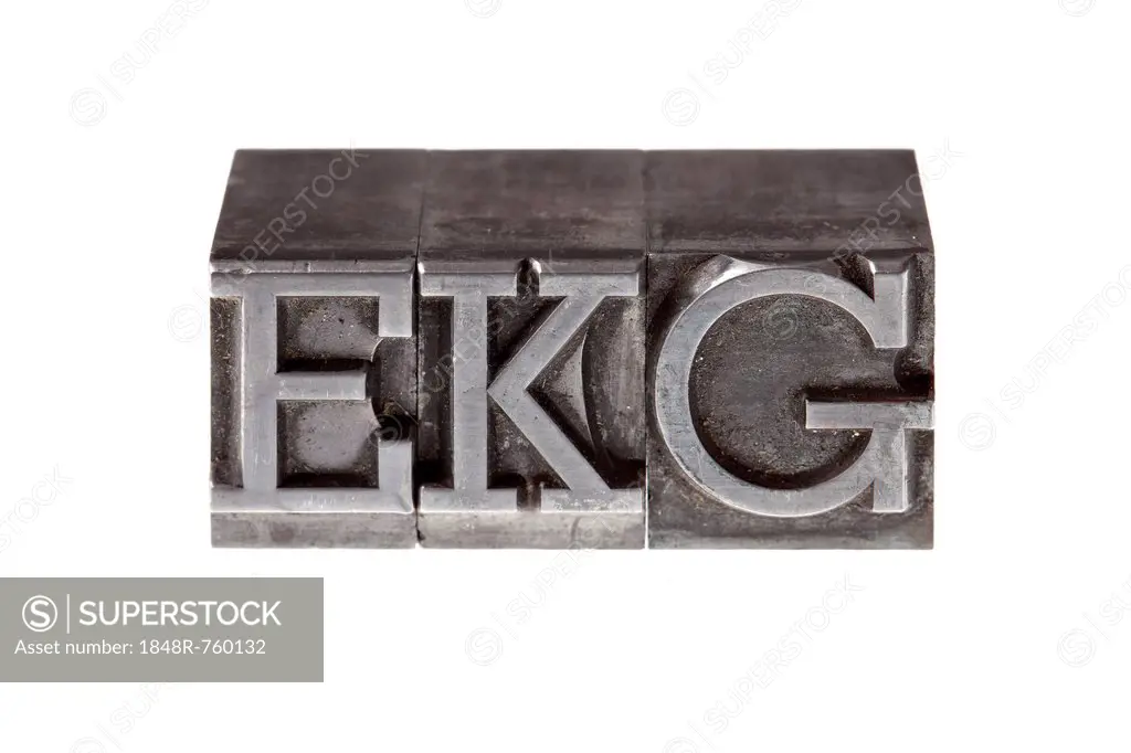 Old lead letters form the acronym EKG, German for ECG or electrocardiogram