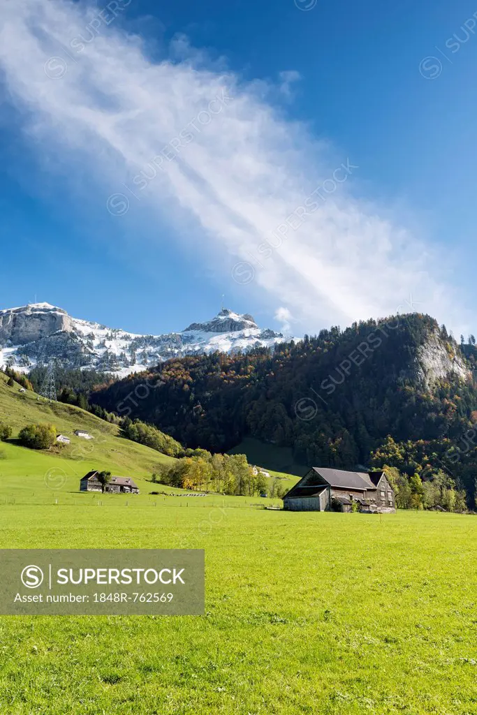 View over a pasture to the snow-capped Appenzell Alps, Hoher Kasten Mountain, right, and Kamor Mountain, left, Canton of Appenzell-Innerrhoden, Switze...