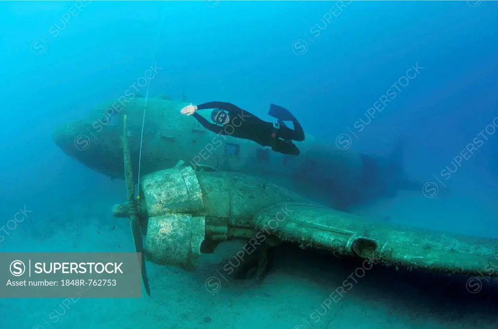 Freediver at plane wreck Douglas DC-3 Dakota, Mediterranean Sea, Kas, Kas, Turkey