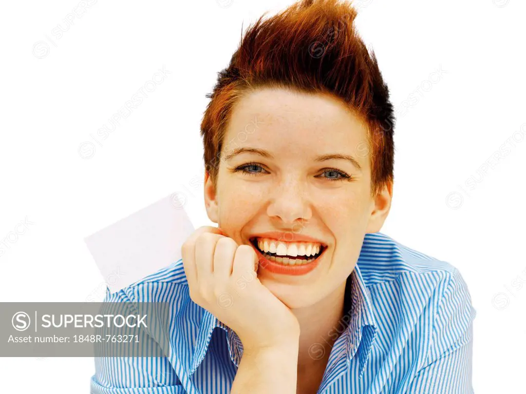 Businesswoman with a punk hairstyle holding a blank business card