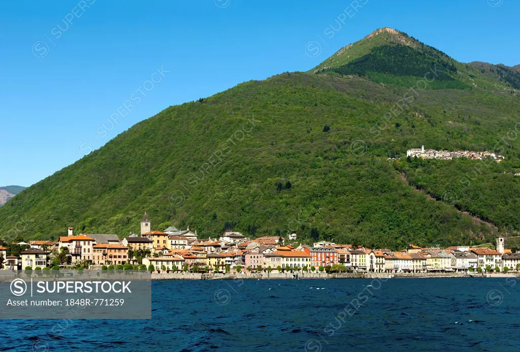 Cannobio on Lake Maggiore with the hamlet of Sant'Agata in a deciduous forest on a mountain slope, Cannobio, Piedmont, Piemont, Italy