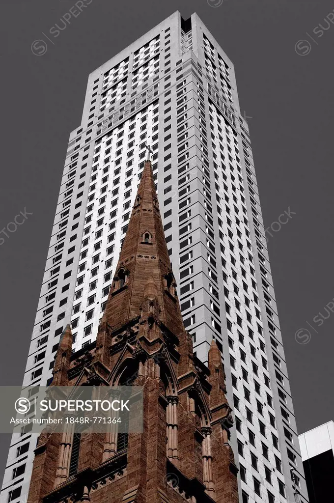 Old tower of the Presbyterian Church in front of a skyscraper, Fifth Avenue, Midtown, New York City, New York, United States