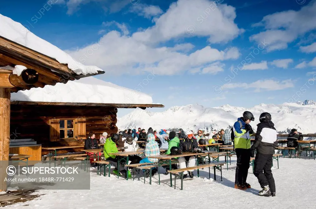 Ski lodge and restaurant at a ski resort, Silvretta, Montafon, Vorarlberg, Austria