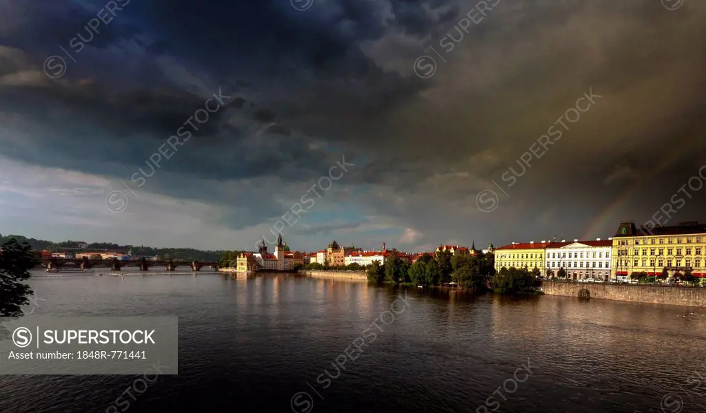 Vltava River during a thunderstorm and rain, Charles Bridge at back, Malá Strana, Prague, Hlavní mesto Praha, Czech Republic