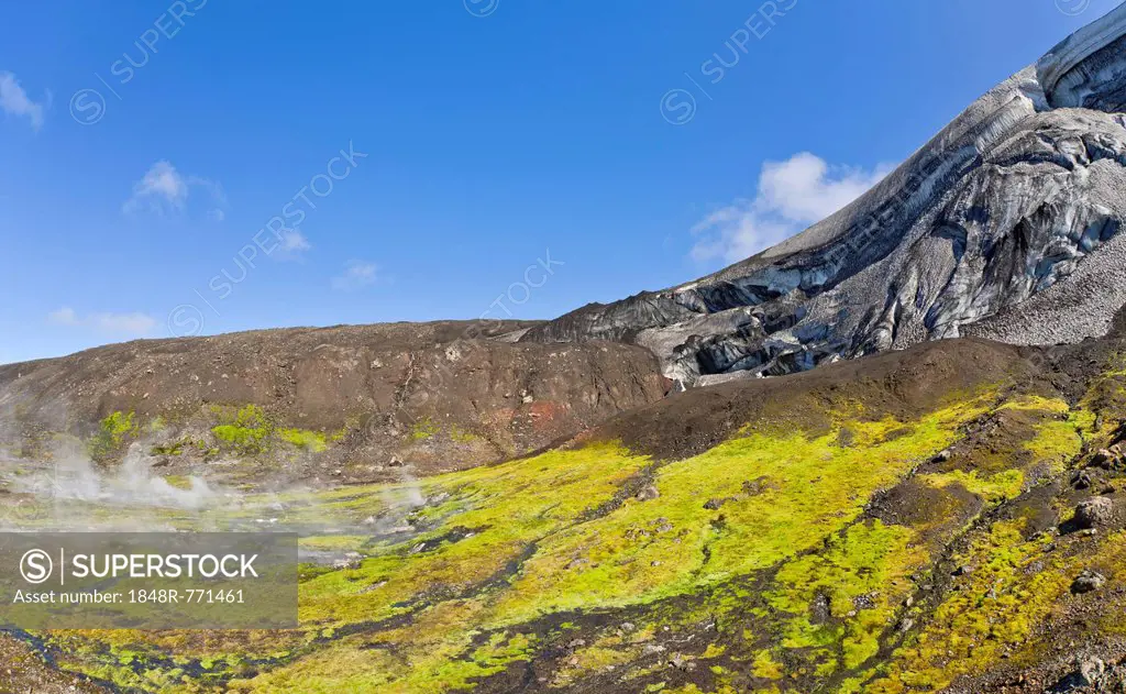 Hot springs in front of the Ishellir ice cave, Hrafntinnusker, Landmannalaugar, Iceland