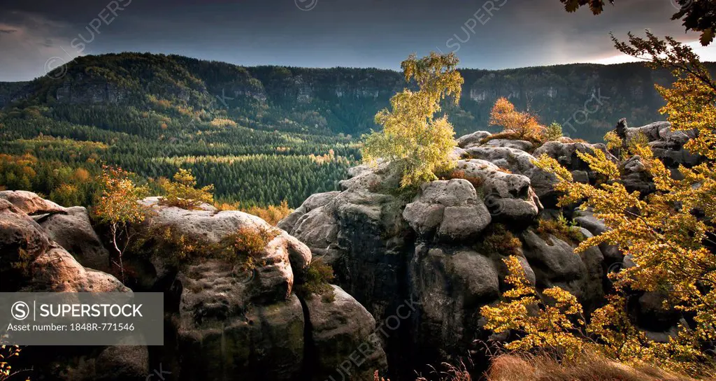 View from Kuhstall lookout, Elbe Sandstone Mountains, Saxony, Germany
