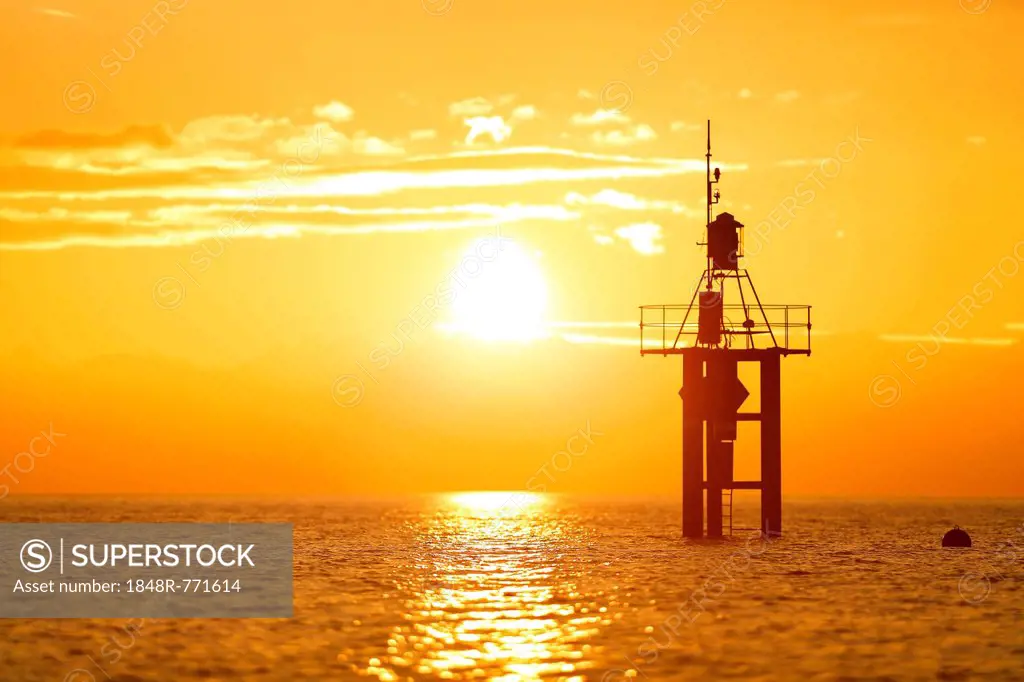 Lighthouse at sunrise, at Hoernle, Lake Constance, Konstanz, Baden-Württemberg, Germany