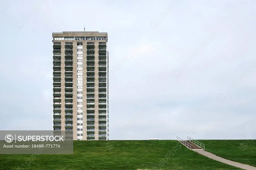 High-rise building at the dyke of the North Sea resort of Buesum, Büsum, Dithmarschen, Schleswig-Holstein, Germany