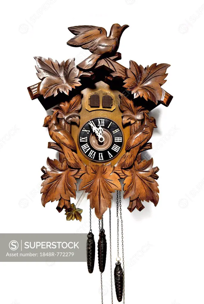 Classic wood-carved Black Forest cuckoo clock, the hands are stopped at eleven fifty-five, Germany