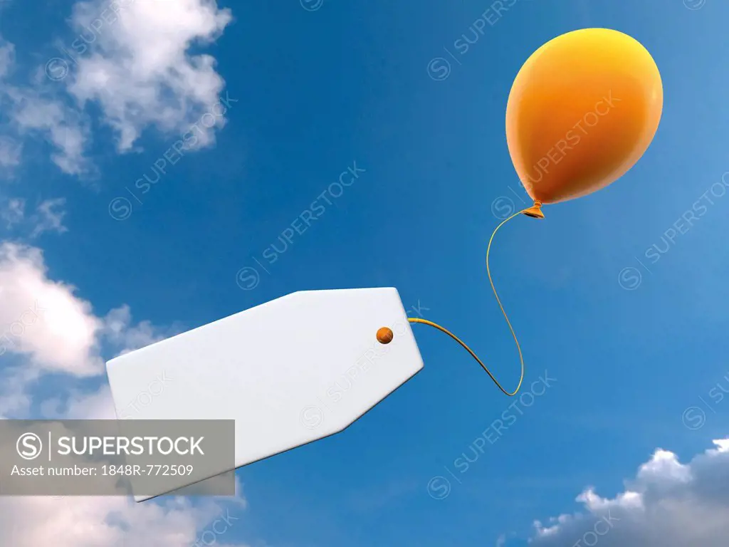Yellow balloon with a tag against blue sky with clouds, illustration