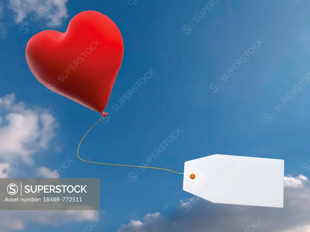 Red balloon in heart shape with tag against blue sky with clouds, illustration