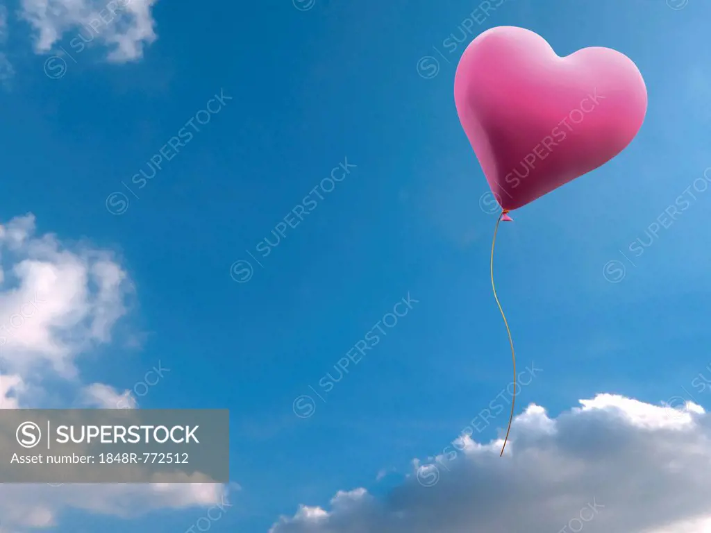 Pink balloon in heart shape against blue sky with clouds, illustration