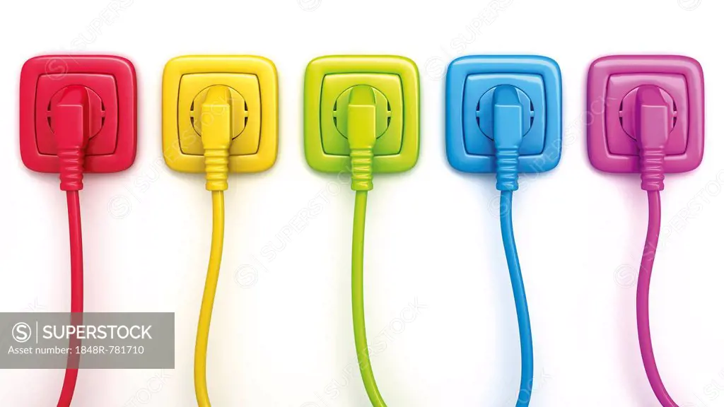 Different coloured sockets or power points with plugs