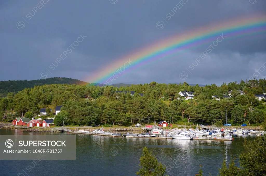 Rainbow over a port, Lauvsnes, Flatanger, Nord-Trøndelag, Trøndelag, Norway