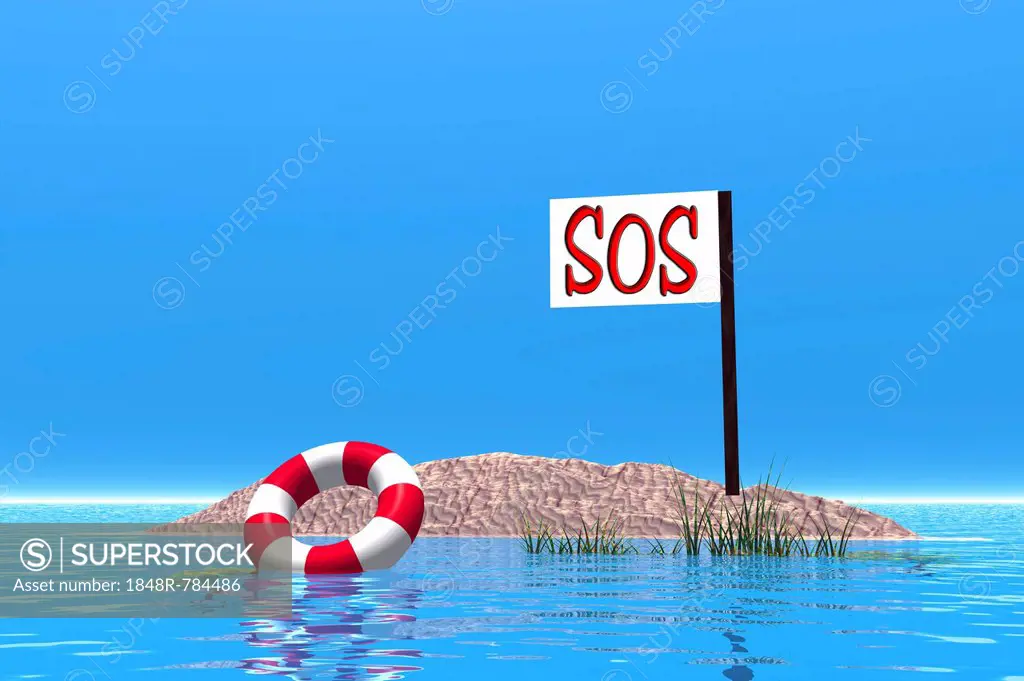 Small island with sign SOS and lifebuoy, illustration