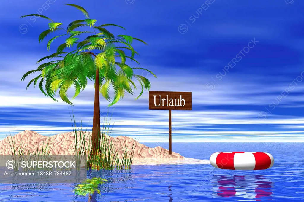 Small holiday island with sign Urlaub, German for holiday, palm tree and lifebuoy, illustration