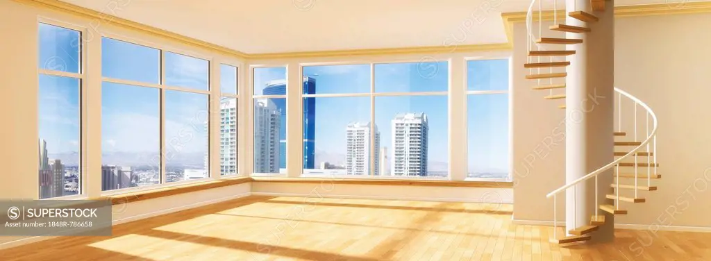 Room with a spiral staircase, view over a skyline, 3D illustration
