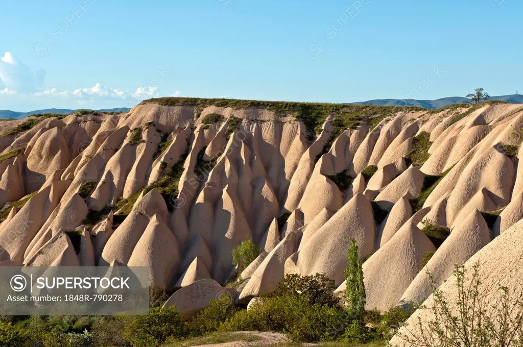 Tufa formations formed by erosion, Göreme National Park, Uçhisar, Cappadocia, Nevsehir Province, Central Anatolia Region, Turkey