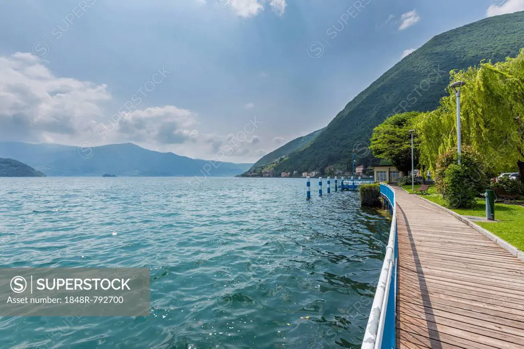 Waterfront on Lake Iseo or Lago d'Iseo, Tavernola Bergamasca, Lombardy, Italy