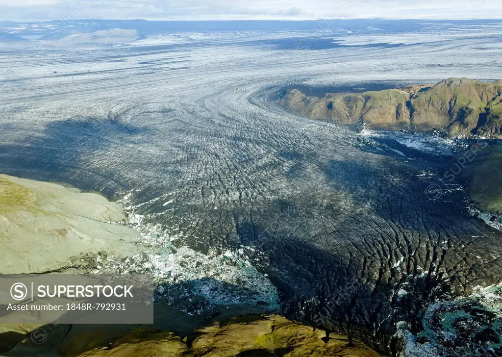 Aerial view, structure of a glacial tongue of Vatnajoekull or Vatna Glacier, Southern Region, Iceland