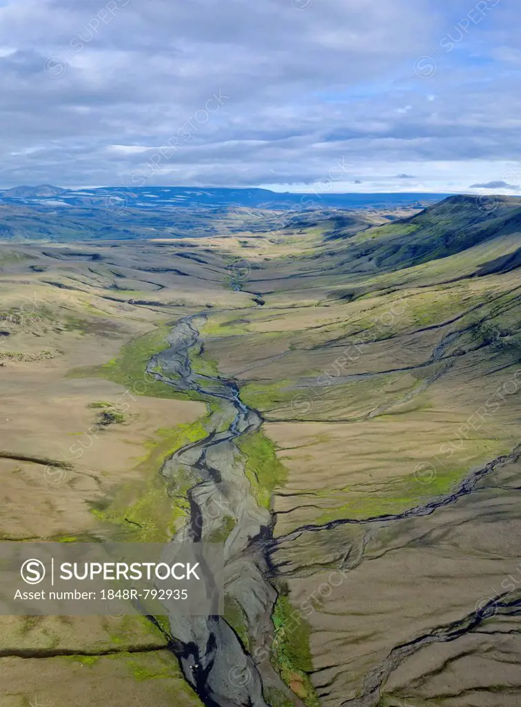 Aerial view, glacial river with small tributaries, Vatnajokull and Skaftafell National Park, Southern Region, Iceland