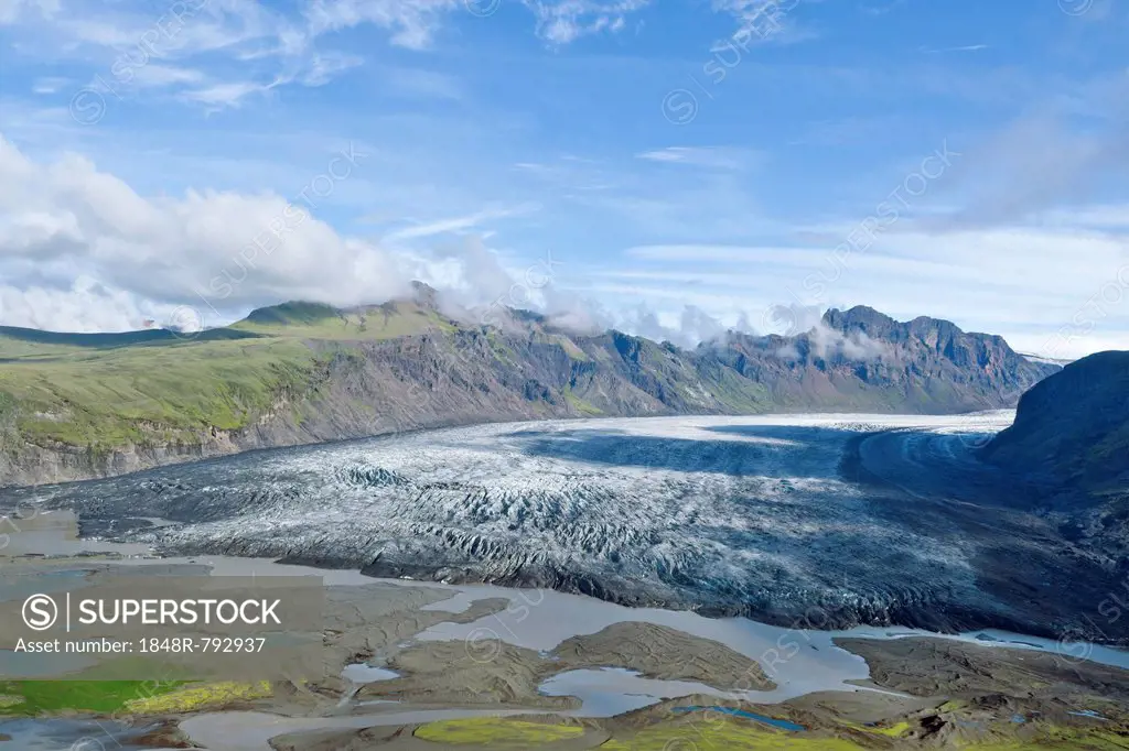 Aerial view of the glacier tongue of Skaftafellsjoekull Glacier, Southern Region, Iceland