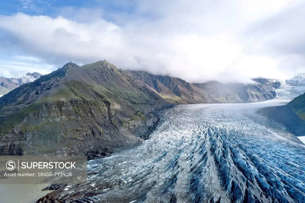 Aerial view of the glacier tongue of Svinafellsjoekull Glacier, Southern Region, Iceland