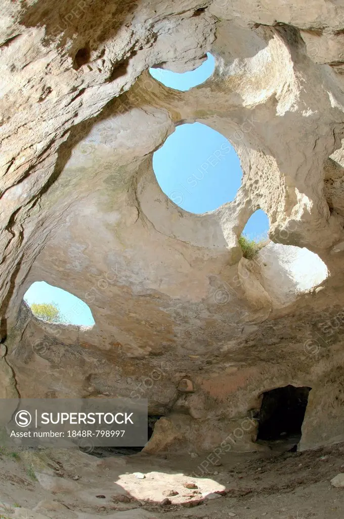 Windows of a cave, ancient cave city, Baqla, Skalistoye, Crimea, Ukraine