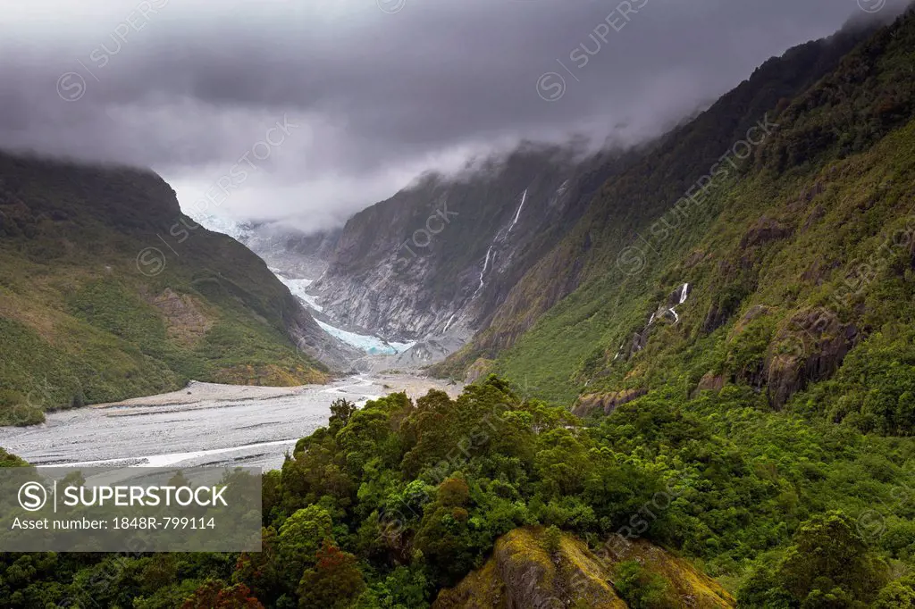 Outflow of the glacier tongue of the Franz Josef Glacier, Franz Josef Glacier, Westland National Park, West Coast Region, New Zealand