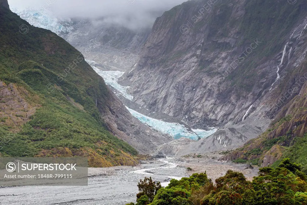 Outflow of the glacier tongue of the Franz Josef Glacier, Franz Josef Glacier, Westland National Park, West Coast Region, New Zealand