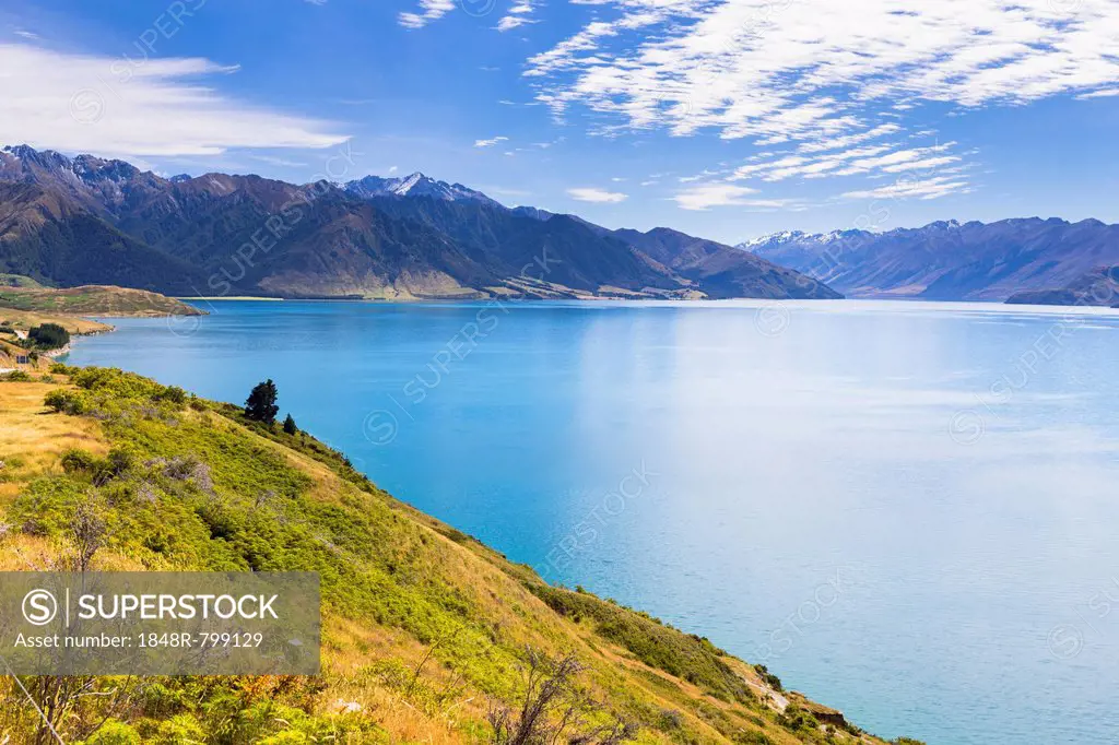 Lake Hawea with views of the Hunter Valley, The Neck, Otago Region, New Zealand