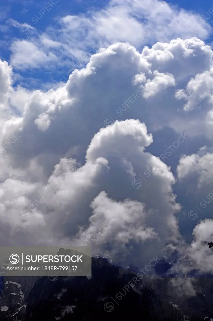 Cumulus clouds at Mt Watzmann, Berchtesgaden, Berchtesgadener Land District, Upper Bavaria, Bavaria, Germany