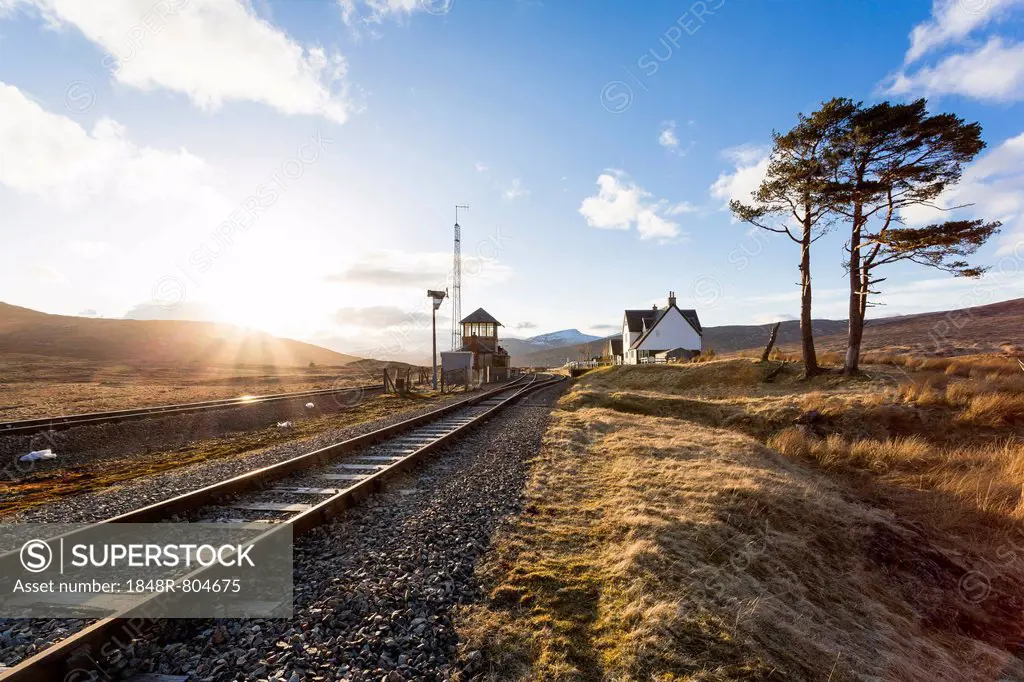 Railway tracks and a railway station in the Scottish Highlands, Corrour, Highlands, Scotland, United Kingdom